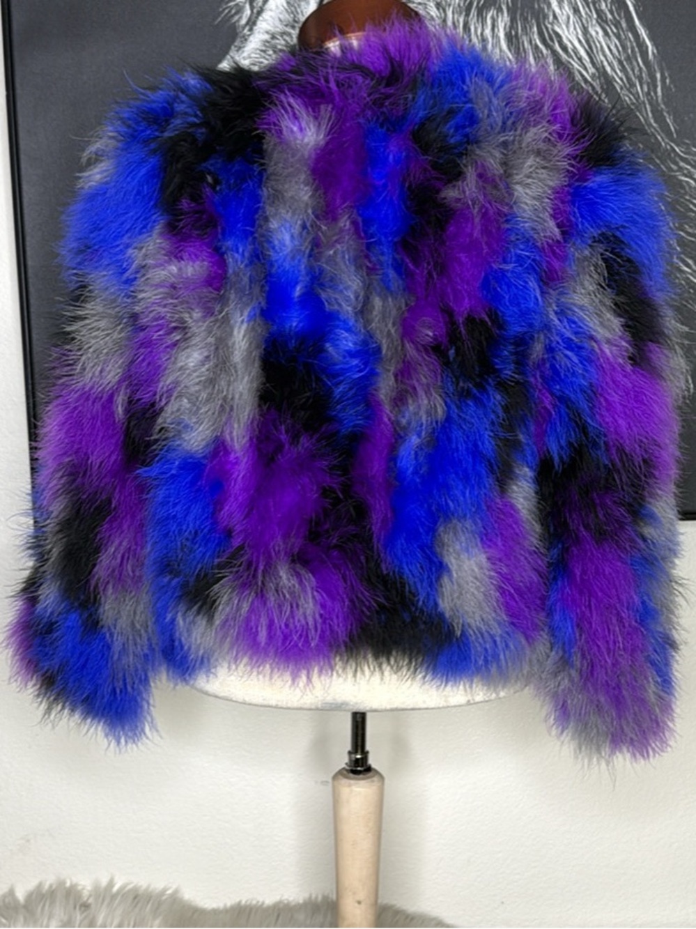 jocelyn Feather Bomber Jacket Unique Fun XS Multicolor Blue Purple Gray Black - Picture 5 of 6